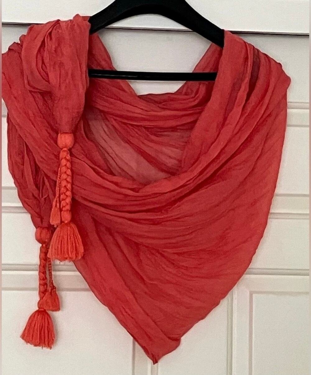 Remi & Reid Persimmon Textured Wrap Scarf Braided Tassels 41x62